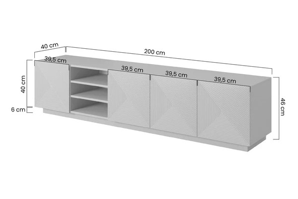 TV stolek ASHA 200 cm nabízí 4 dvířka, 3 police, 3 výklenky, drážkovaná čela, tiché dovírání a otvory pro kabely.