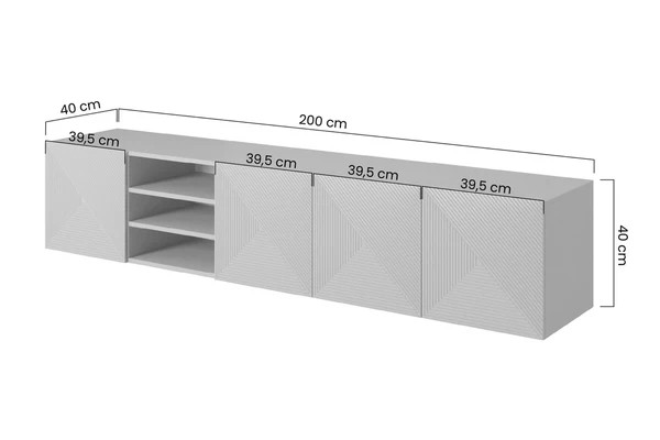 Závěsný TV stolek ASHA&nbsp;200 cm nabízí&nbsp;4 dvířka,&nbsp;3 police,&nbsp;3 výklenky, drážkovaná čela a&nbsp;praktické otvory pro&nbsp;kabely.