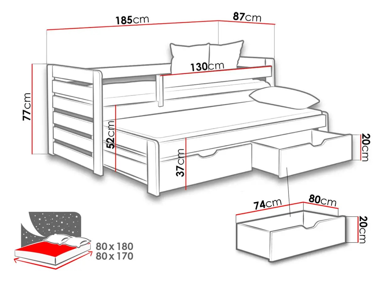 Dětská postel s přistýlkou a úložným prostorem 80x180 bílá šedá 11