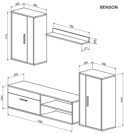Obývacia stena BENSON, 4 diely, dub artisan / čierna