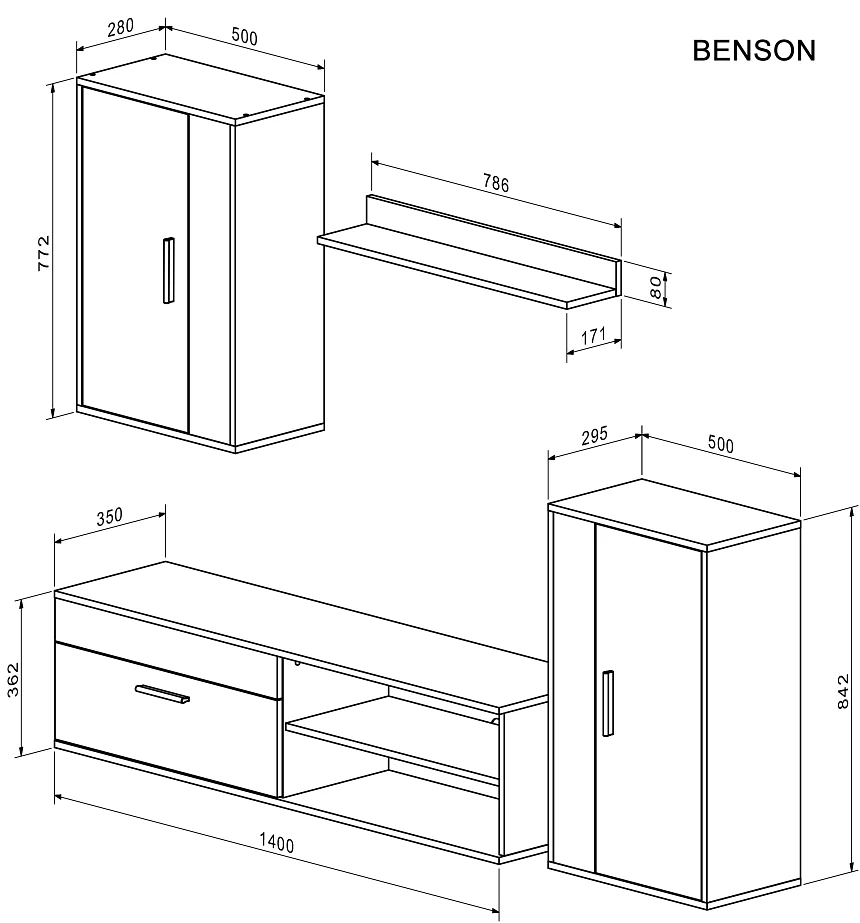 Obývacia stena BENSON, 4 diely, dub artisan / čierna