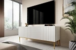Moderní komoda Nicole 200 cm čtyřdveřová s ryhovaným čelem  - Bílý / zlaté nožky