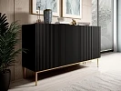 Moderní komoda Nicole 150 cm třídveřová s ryhovaným čelem  - Čierna / Zlaté nožičky
