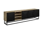 TV stolek Asha 200 cm s rýhovaným čelem a výklenkem na kovovém rámu  - Dub / černý rám