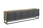 TV stolek Asha 200 cm s drážkovanými dvířky a kovovou podnoží  - Dub artisan / rivier stone mat / černý rám