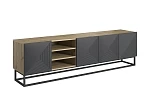 TV stolek Asha 200 cm s rýhovaným čelem a výklenkem na kovovém rámu  - Dub artisan / rivier stone mat / černý rám