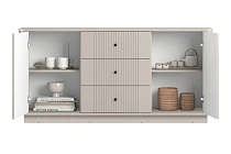 Komoda VESPER 160 cm kašmír – 3 zásuvky, černé úchytky, sokl | furnipol.cz