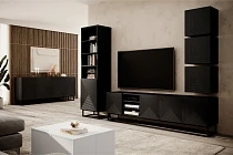 TV stolek Asha 200 cm s rýhovaným čelem a výklenkem - černý mat / kovový rám - Furnipol 