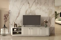 Moderní RTV skříňka Vesper 3D 187 cm na soklu - kašmír černé úchyty