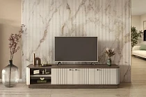 TV stolek Vesper 3D 187 cm na soklu  - Kašmír / Ořech / Černé úchytky