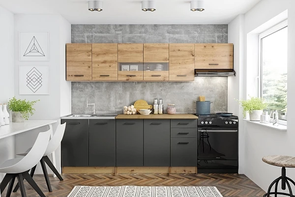Kuchynská linka Perla 260 s pracovnou doskou v prevedení artisan/tmavošedá