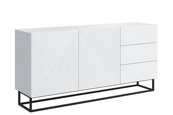 Moderní komoda Asha 167 cm dvoudveřová se zásuvkami  - Bílý mat / černý rám