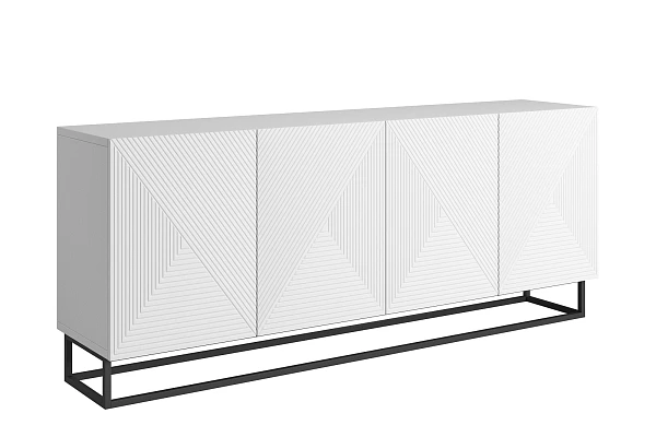 Komoda ASHA 200 cm čtyřdveřová  - Bílý mat / černý rám