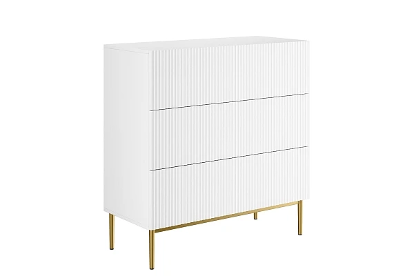 Moderní komoda Nicole 100 cm s zásuvkami a ryhovaným čelem  - Biela / Zlaté nožičky