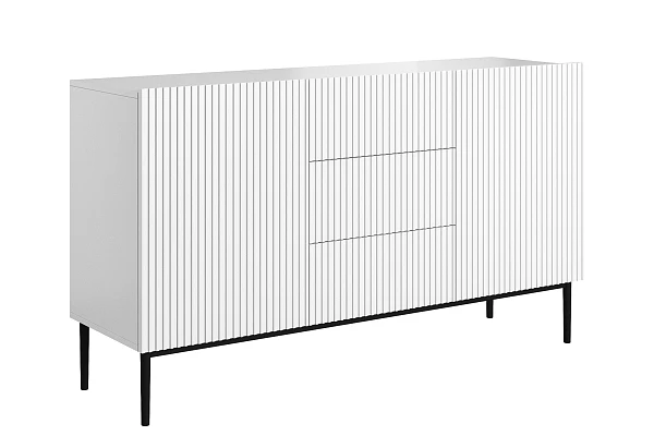 Moderní komoda Nicole 150 cm s šuplíky a rýhovaným čelem - Bílý / černé nožky