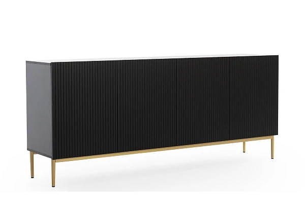 Moderní komoda Nicole 200 cm čtyřdveřová s ryhovaným čelem  - Čierna / Čierne nohy