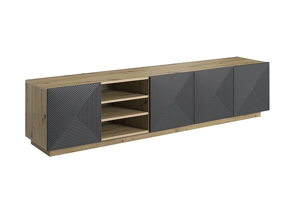 TV stolek Asha 200 cm s drážkovanými dvířky a otevřenou přihrádkou  - Dub artisan
