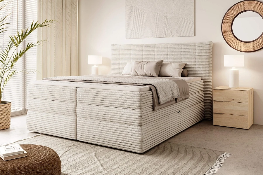 Vysoká posteľ typu boxspring AMBER s úložným priestorom – 140 × 200
