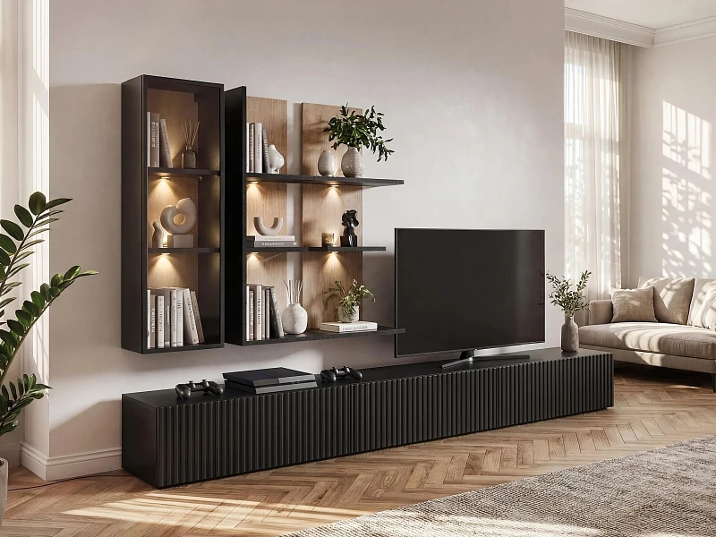 Obývacia stena SOUL s LED podsvietením, čierna/dub 