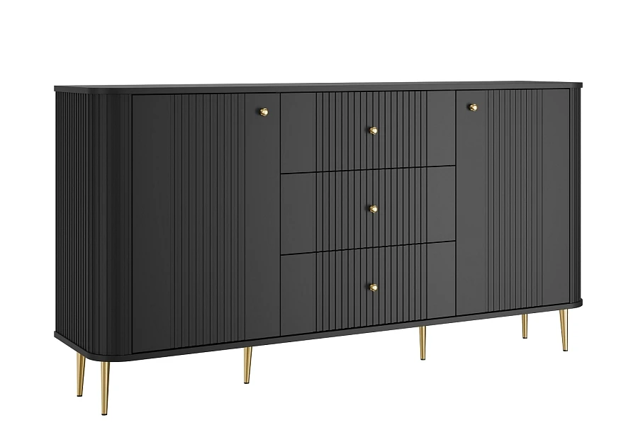 Komoda Vesper 160 cm se zásuvkami na nožkách - Čierna / Zlaté nožičky