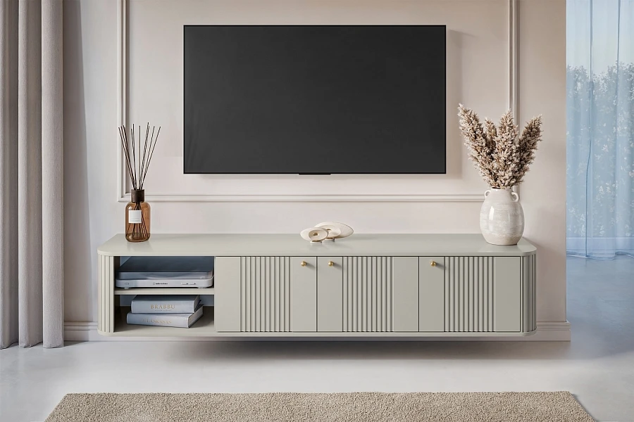 Závěsná TV skříňka Vesper 187 cm třídveřová  - Kašmír / zlatá