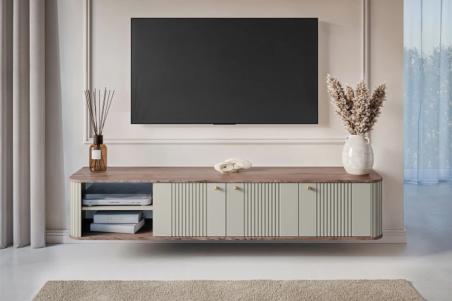 Závěsná TV skříňka Vesper 187 cm třídveřová  - Kašmír / Ořech