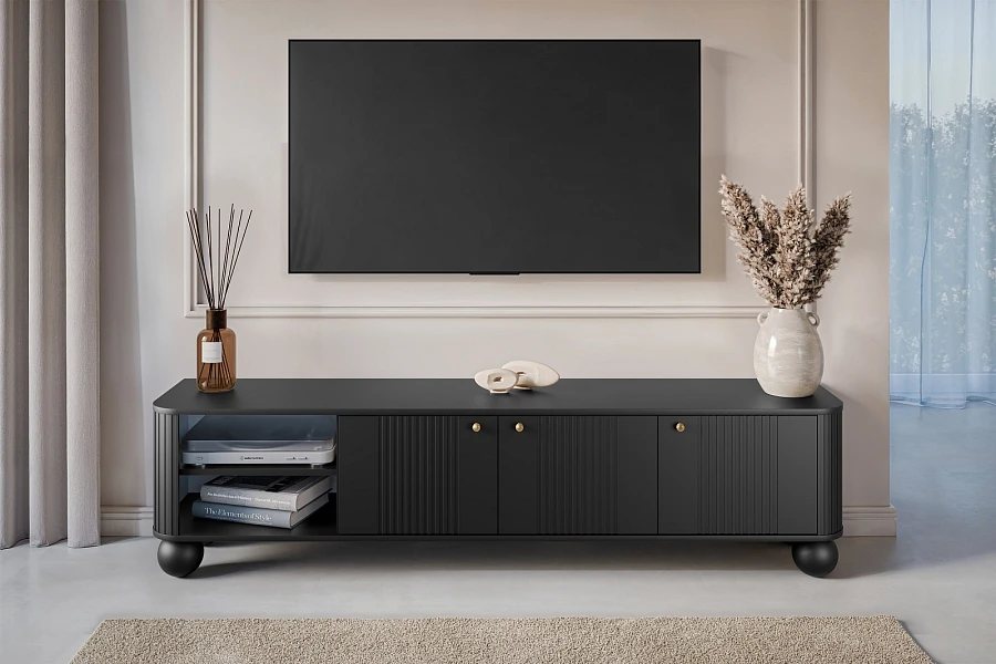 Černá třídvéřová TV skříňka Vesper 187 cm  - Čierna / zlatá