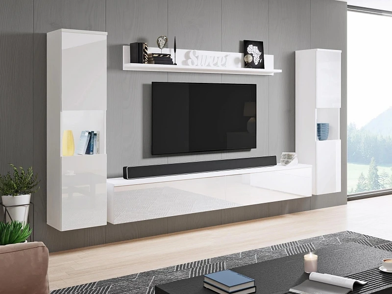 Obývací stěna PARIS XL s LED osvětlením - Biely lesk