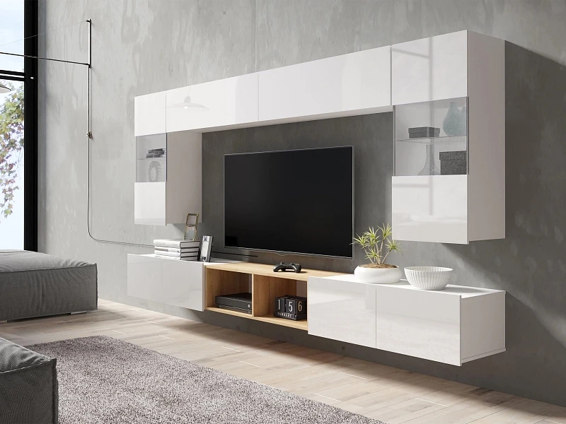 Obývací stěna CALABRINI XXIV s LED osvětlením - Dub zlatý / Bílý lesk