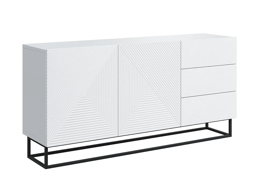 Moderní komoda Asha 167 cm dvoudveřová se zásuvkami  - Bílý mat / černý rám