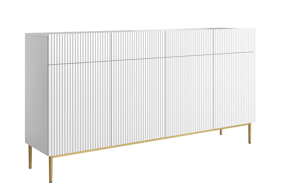 Čtyřdveřová komoda Nicole 200 cm se zásuvkami s ryhovaným čelem  - Biela / Zlaté nožičky