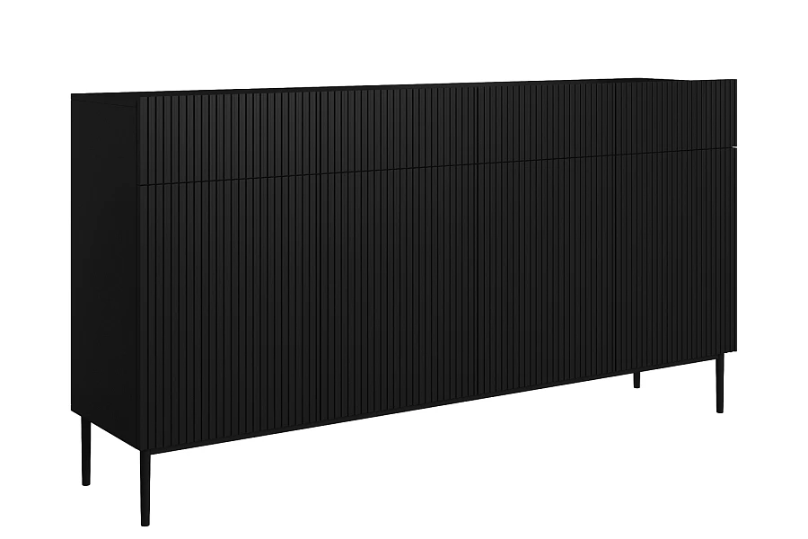 Čtyřdveřová komoda Nicole 200 cm se zásuvkami s ryhovaným čelem  - Čierna / Čierne nohy
