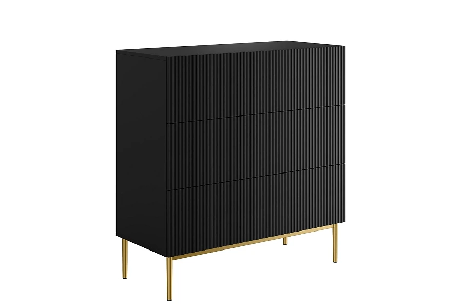 Moderní komoda Nicole 100 cm s zásuvkami a ryhovaným čelem  - Čierna / Zlaté nožičky
