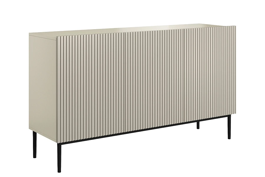 Moderní komoda Nicole 150 cm třídveřová s ryhovaným čelem  - Kašmír / černé nožky