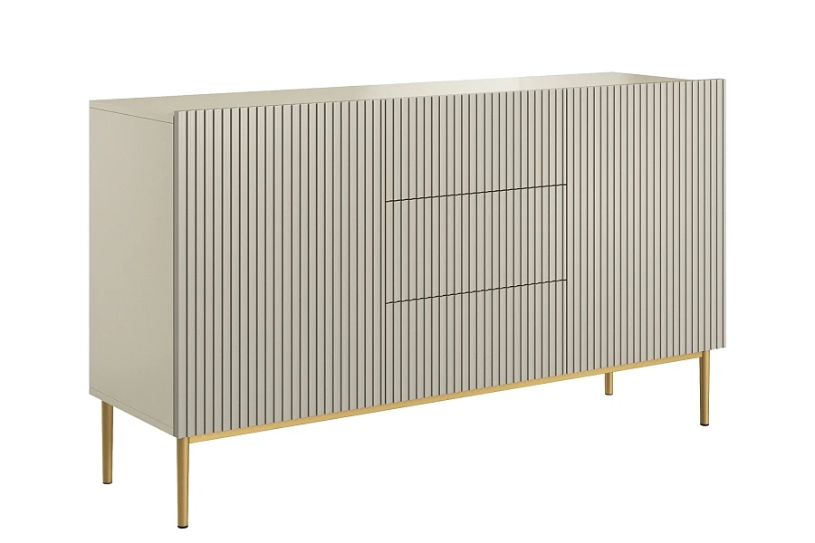 Moderní komoda Nicole 150 cm s šuplíky a rýhovaným čelem - Kašmír / zlaté nožky