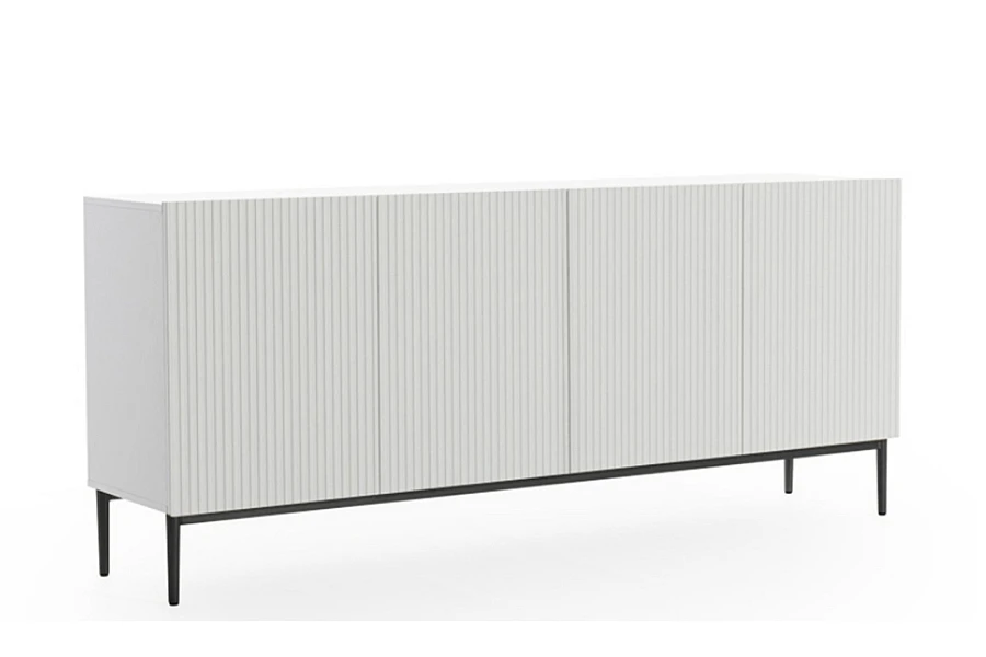 Moderní komoda Nicole 200 cm čtyřdveřová s ryhovaným čelem  - Biela / Čierne nožičky