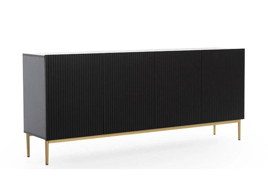 Moderní komoda Nicole 200 cm čtyřdveřová s ryhovaným čelem  - Čierna / Čierne nohy
