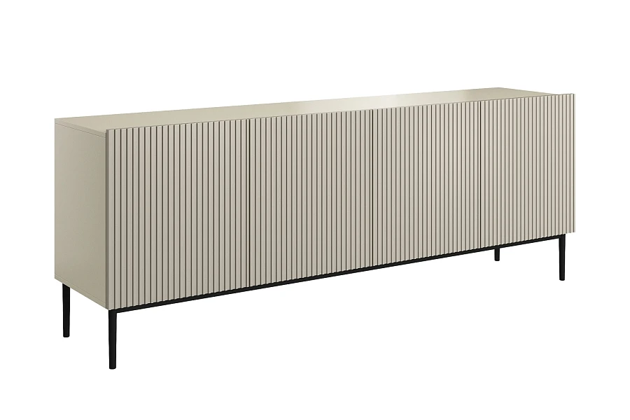 Moderní komoda Nicole 200 cm čtyřdveřová s ryhovaným čelem  - Kašmírová / černé nožky