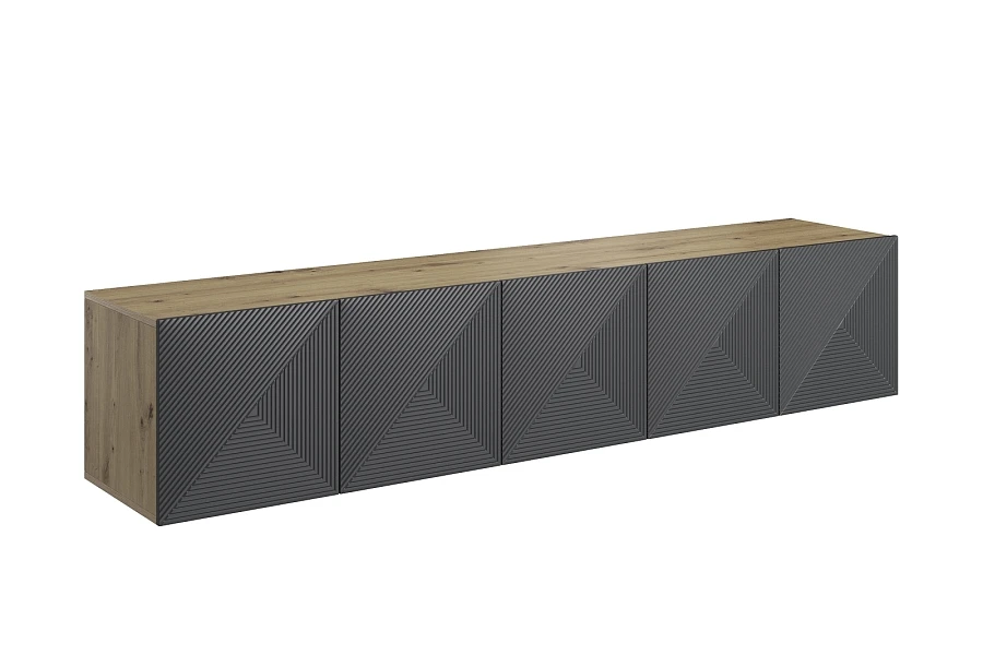Závěsná TV skříňka Asha 200 cm s drážkovanými dvířky  - Dub artisan