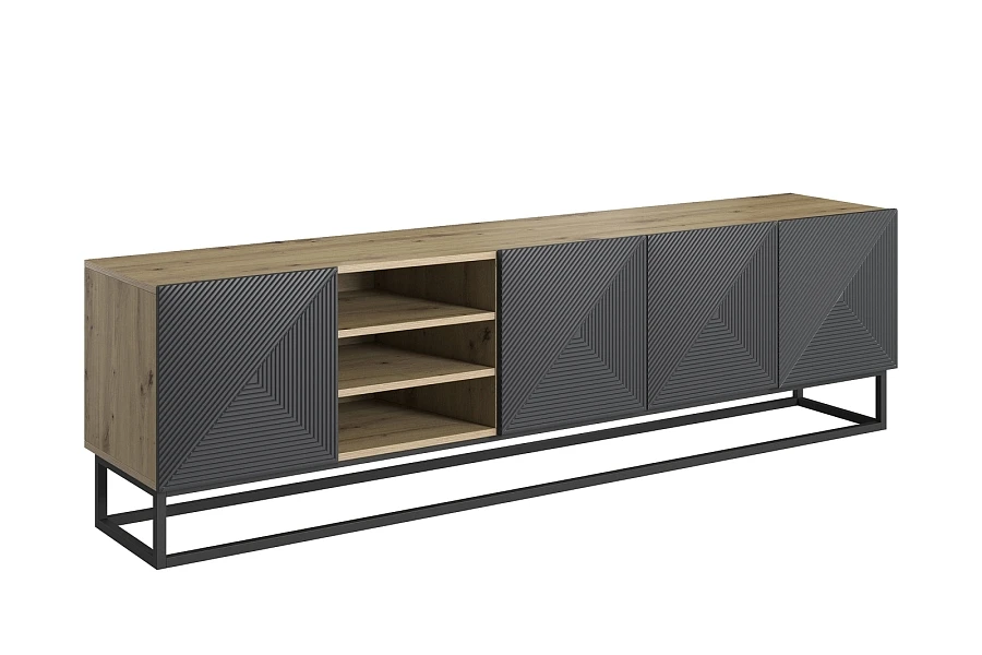 TV stolek Asha 200 cm s rýhovaným čelem a výklenkem na kovovém rámu  - Dub artisan / rivier stone mat / černý rám