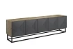 TV stolek Asha 200 cm s drážkovanými dvířky a kovovou podnoží  - Dub artisan / rivier stone mat / černý rám