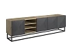 TV stolek Asha 200 cm s rýhovaným čelem a výklenkem na kovovém rámu  - Dub artisan / rivier stone mat / černý rám